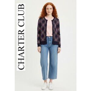 (3 for $30) CHARTER CLUB - Navy blue/white/pink plaid cotton blend cardigan